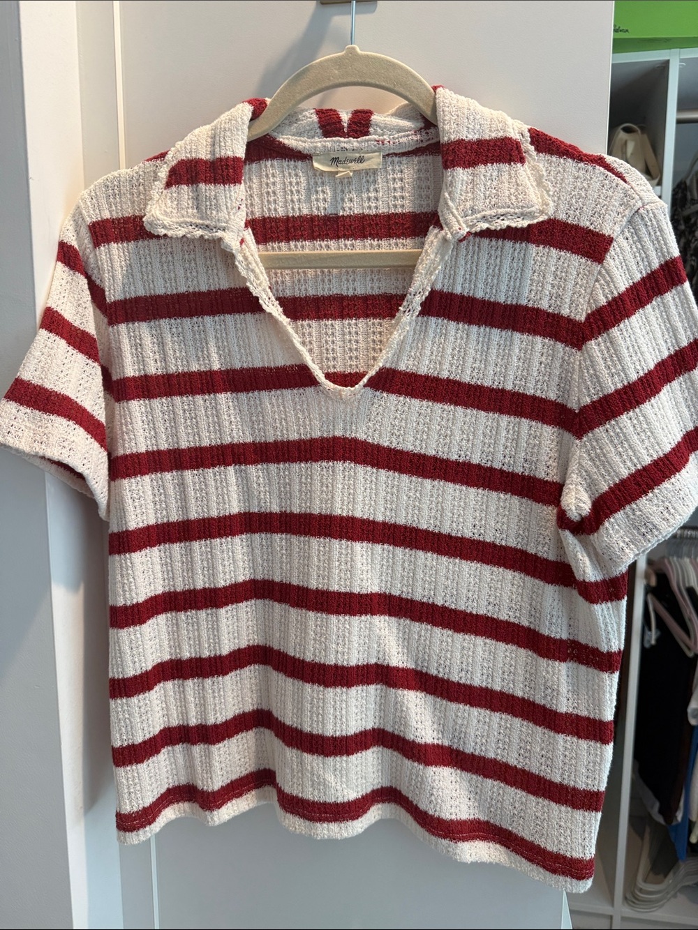 Madewell Cream and Red Striped Short Sleeve Polo Tee